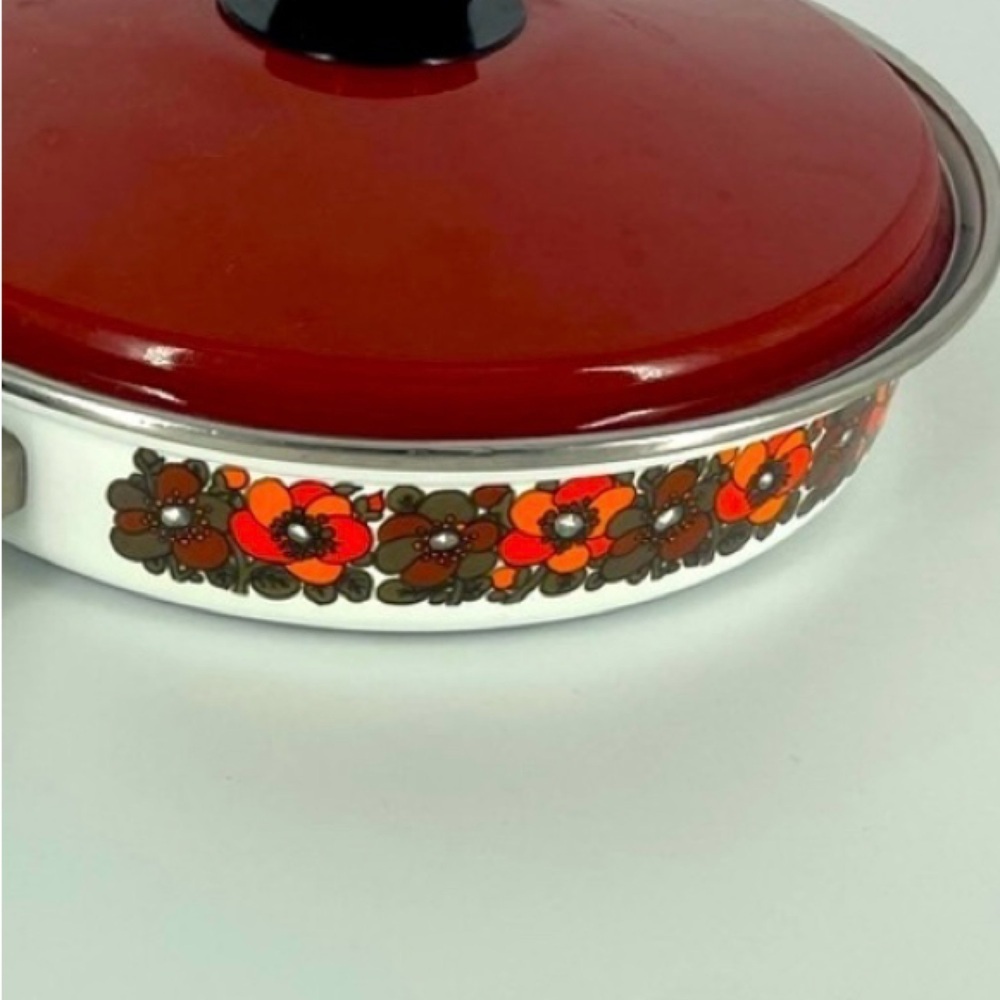 Vintage Enamel Cook Wear Pan Floral Red Lid Mid Century Modern MCM Skillet - Picture 2 of 7